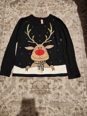 Gymboree Black Reindeer Applique Sweater with Gold Antlers and Red Nose